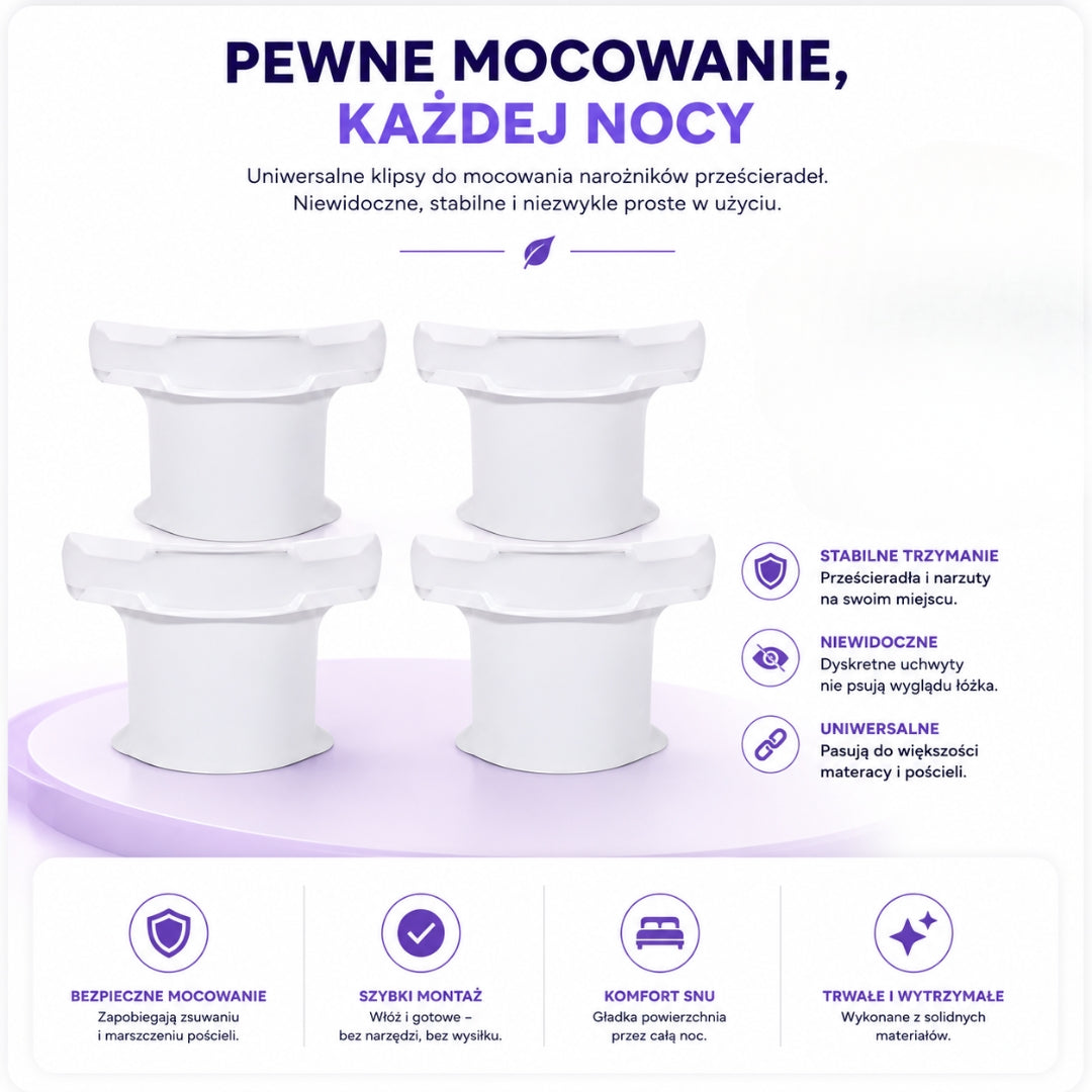 Gładkie-Łóżko™ — Uniwersalne klipsy mocujące
